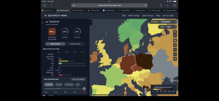 Webbsida med Europas karta som visar koldioxidintensitet från elproduktion i realtid.