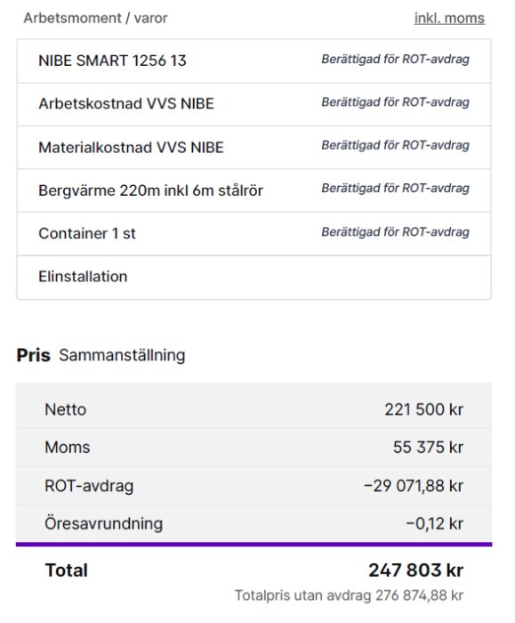 Offert för VVS-arbete inklusive ROT-avdrag, moms och nettosumma, totalpris 247 803 kronor.