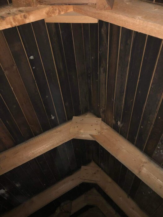 Mörkt loftutrymme med träbjälkar och panel under taknocken.