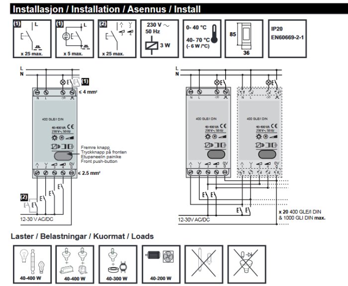 Teknisk manual för installation av elektrisk utrustning med scheman och lastangivelser.