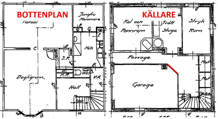 Ritning av hus med bottenplan och källare, inkluderar vardagsrum, sovrum, kök, garage, och förråd.