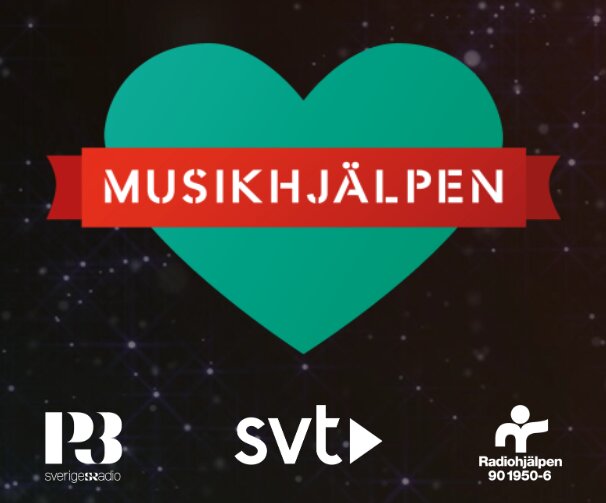 Stort grönt hjärta, "Musikhjälpen"-text, mörk bakgrund med stjärnor, logotyper för SVT, Sveriges Radio, Radiohjälpen.