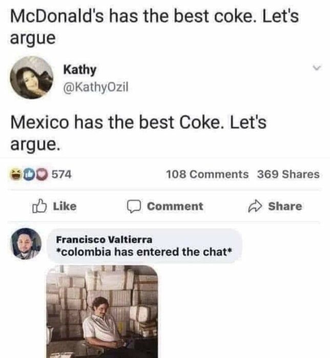 Skämt om cola; debatt om bästa Coca-Cola mellan McDonald's, Mexiko och Colombia.