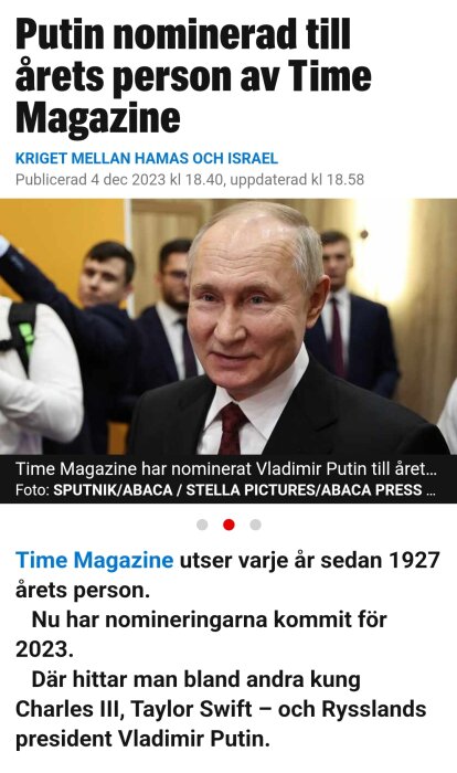 Artikel om Putin nominerad till Årets Person av Time Magazine.