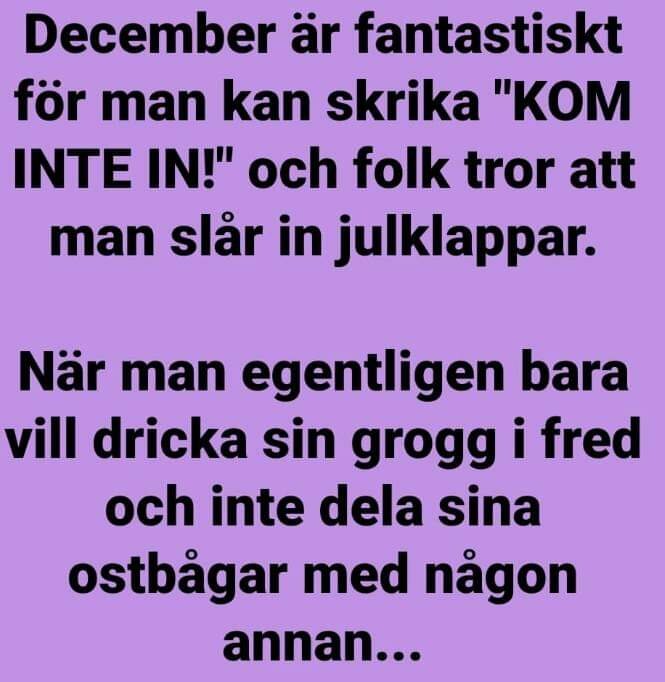 Humoristisk text om december, julklappar, att dricka glögg och inte dela ostbågar.