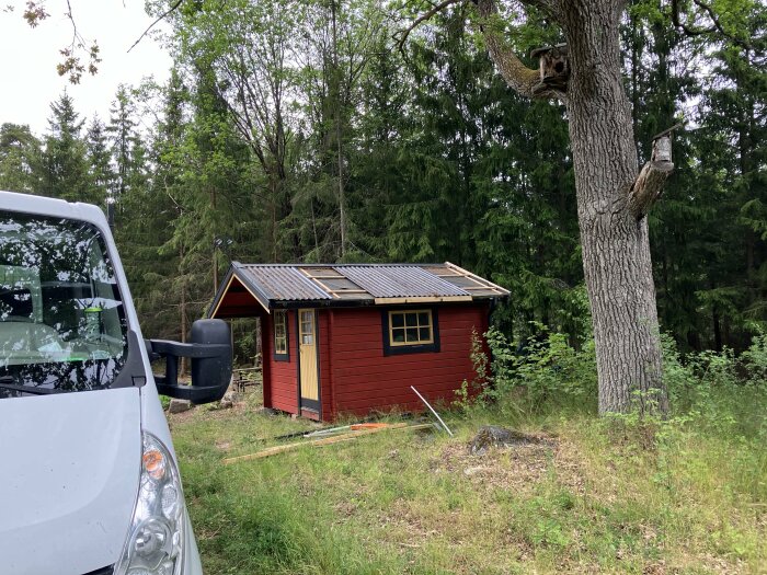 Röd stuga med svarta takpannor omgiven av skog, vit bil i förgrund, fågelholkar på träd.