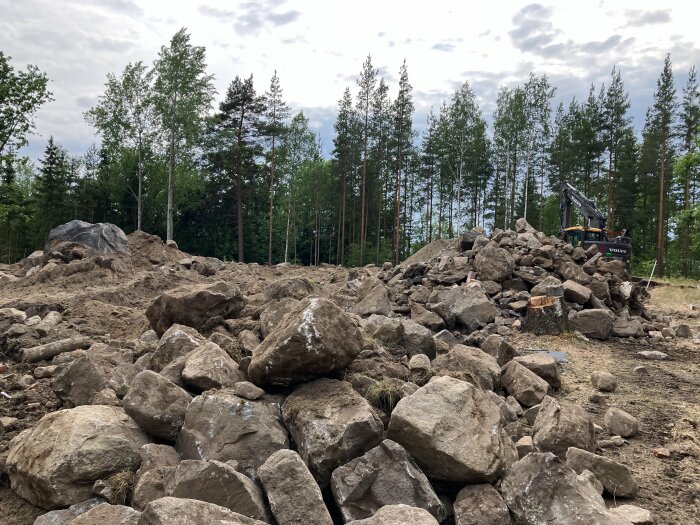 Skog, stenröse, grävmaskin, molnig himmel, avverkning eller markberedning för byggnation.