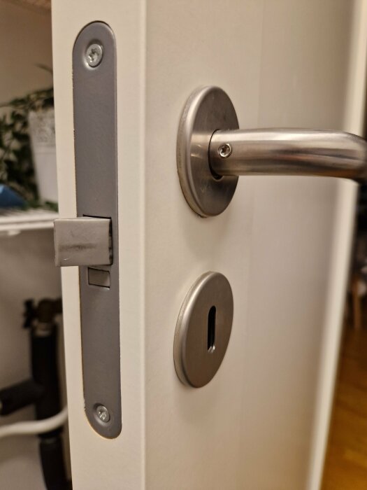 Närbild av en dörr med rostfritt ståldörrhandtag, lås, och säkerhetsvred i en vit miljö.