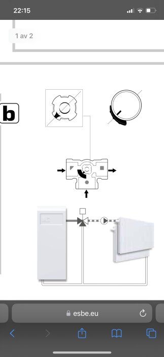 Schematisk bild av termostatventil installation till värmesystem, radikalt. Anvisningar för justering och flödesriktning.