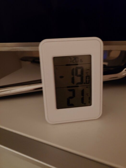 Digital termometer och hygrometer som visar temperatur och luftfuktighet inomhus, placerad på en hylla.