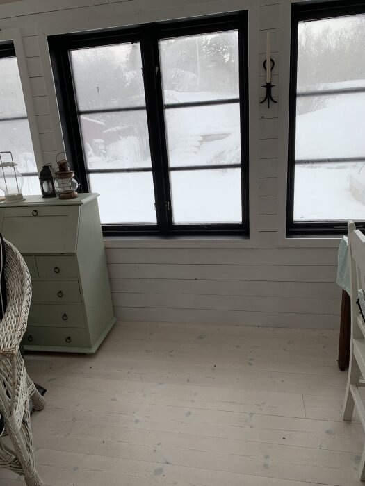 Inomhusrum med vita väggar, trägolv, fönster som visar snölandskap utanför, byrå i hörn, dekorativa föremål.