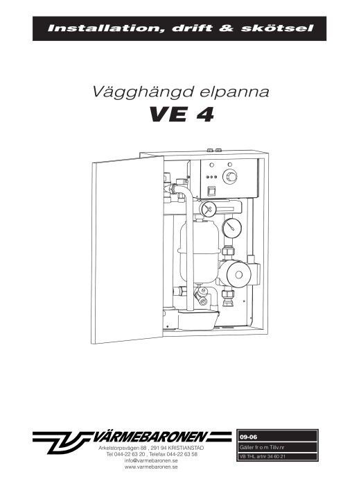 Manual för installation och underhåll av vägghängd elpanna VE 4, med schematisk illustration och kontaktinformation.