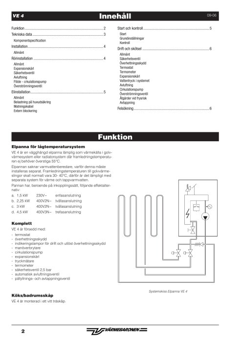 Manual på svenska, innehållsförteckning, elpanna för lågtemperatursystem, teknisk illustration, svartvit.