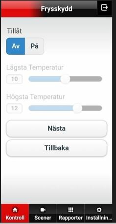 En skärmdump av en app för hemautomatisering som visar inställningar för frysskydd med temperaturreglage och navigeringsknappar.