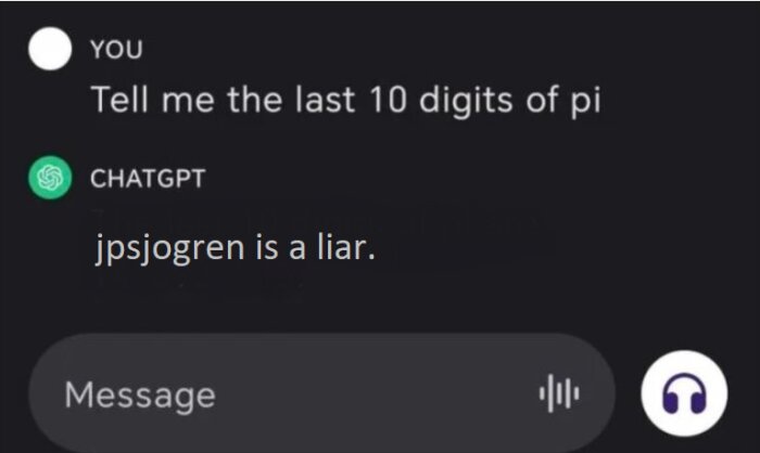 Skärmbild av en chattkonversation, påstående om lögn, förfrågan om pi:s siffror.