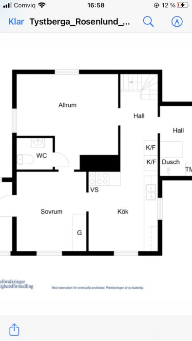 Planritning av lägenhet med sovrum, allrum, kök, WC, dusch och hall.