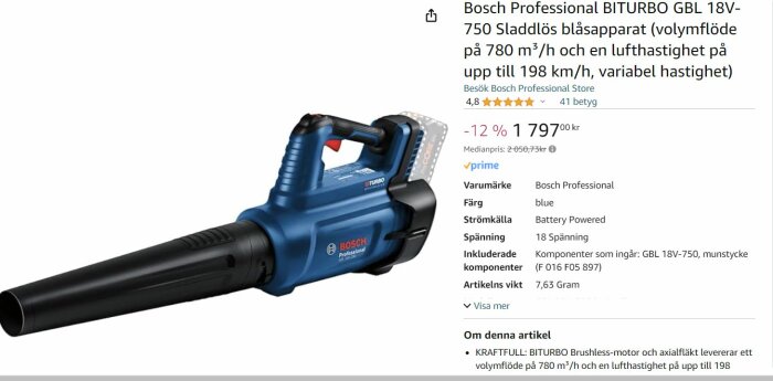 Blå Bosch Professional batteridriven lövblås med turbo, sladdlös, säljs online, rabatterat pris, produktspecifikation medföljer.