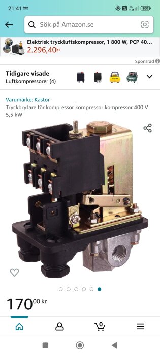 En tryckbrytare för kompressor, teknisk utrustning, visas på en e-handelssajt med prisinformation.