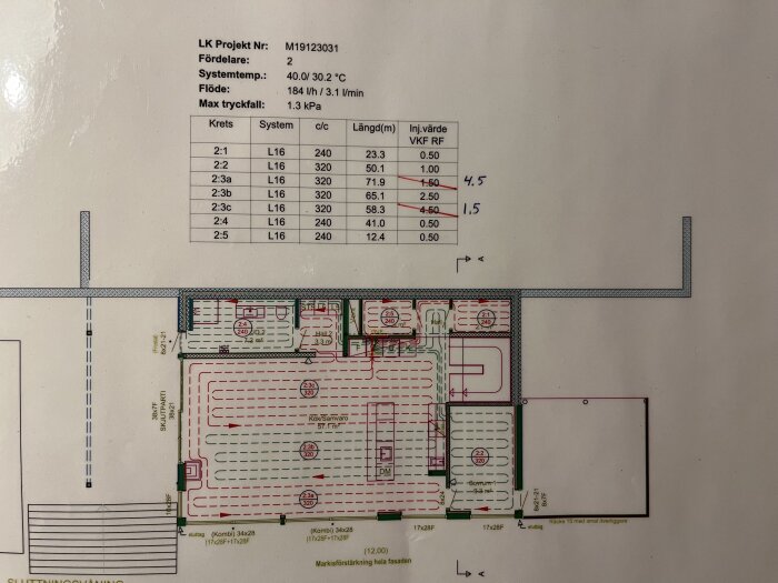 Teknisk ritning av värmesystem i byggnad, tabell med kretsar och systemdata, färgkodade ledningar.