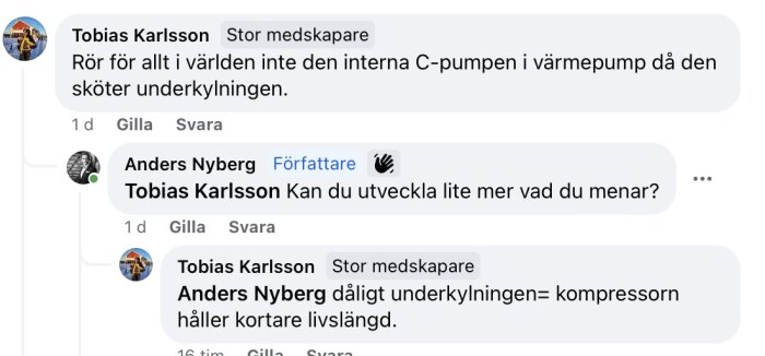 Skärmdump från sociala medier, diskussion om värmepumpar och komponenternas livslängd, text på svenska.