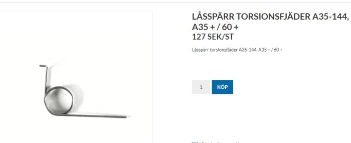 Bild på en torsionsfjäder för låssystem, webbsidans produktbeskrivning och pris i svenska kronor.