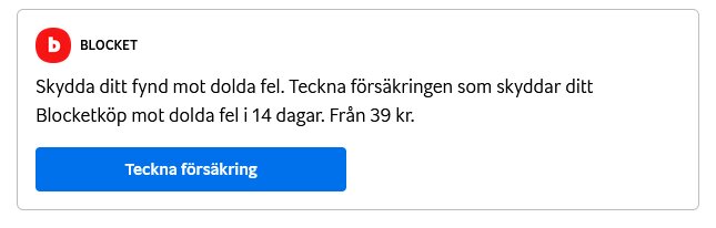 Blocket-annons som erbjuder försäkring mot dolda fel vid köp, kostar från 39 kronor, knapp för att teckna.