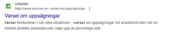 Webbsökresultat från "Unionen" om varsel vid uppsägningar. Grön logotyp, webbadress, kort textförklaring.
