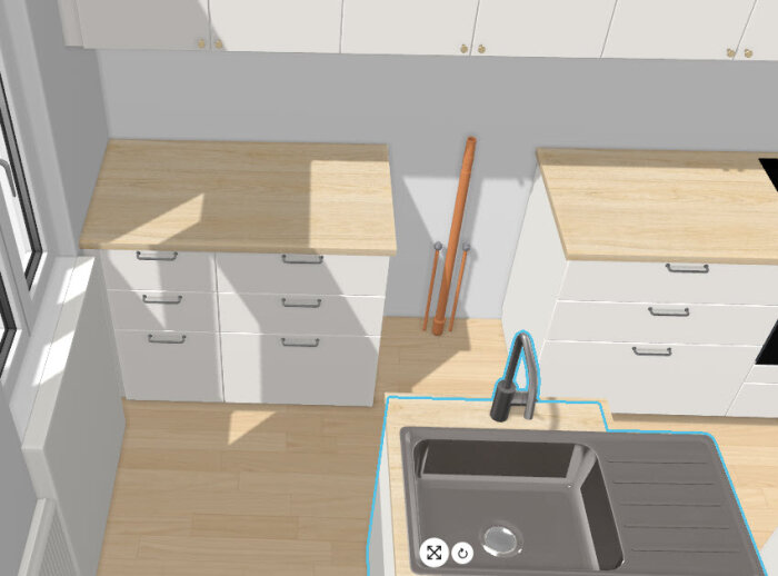 3D-modell av ett kök, vita skåp och lådor, träbänkskiva, grå diskho, solljus, minimalistisk stil.