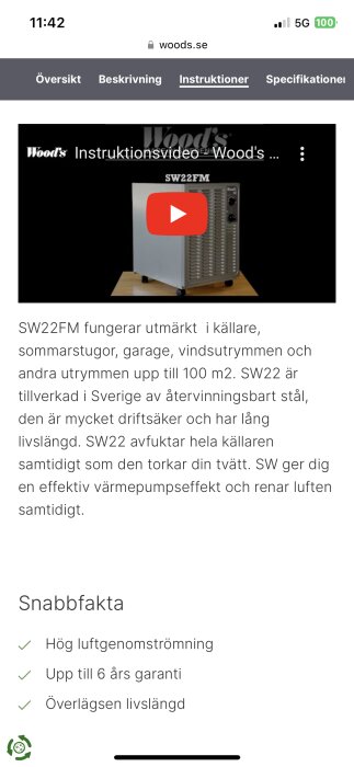 Skärmdump från webbsida som marknadsför avfuktare, SW22FM, med snabbfakta och instruktionsvideo.
