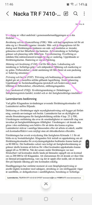 Svensk juridisk text om förrättningskostnader, Lantmäteriet, processer, utredningar, bedömningar, skärmdump från mobiltelefon.