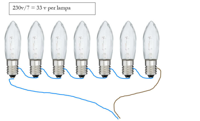 Sju glödlampor anslutna i serie, blå och brun ledning, matematik för spänning beräknad ovanför.