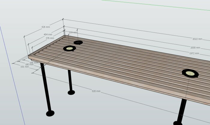 3D-modellerat bord med måttangivelser, svarta ben, två infällda hål i bordsskivan. Design eller ingenjörskoncept.