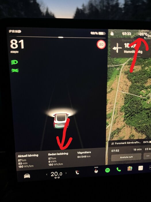 Bild på bilens infotainment-system, visar hastighet, navigation, och elbilsinformation som räckvidd och förbrukning.