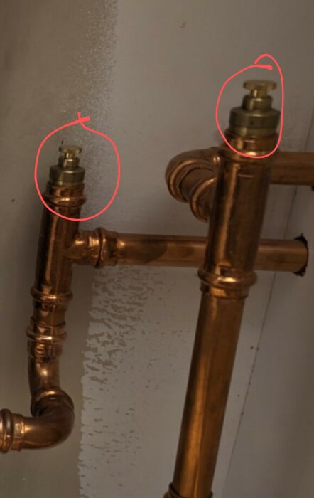 Mässingsrör med två markerade ventiländar mot en suddig, vit bakgrund. Otydlig kontext.