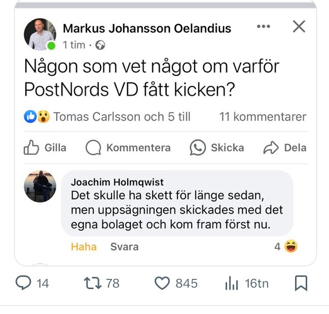 Facebook-inlägg med kommentar, skämtar om försening hos PostNord. Användarinteraktioner och reaktioner visas.