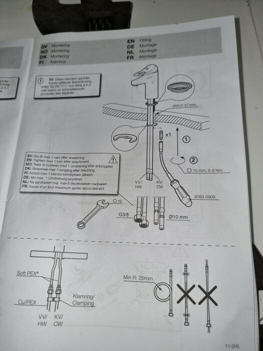 Instruktionsblad för montering av blandare med verktyg och delar visade. Flerspråkiga anvisningar ingår.