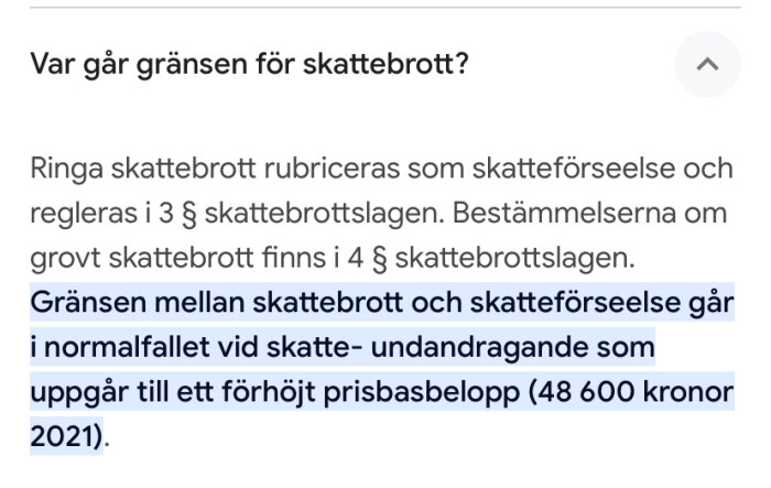 Text om gränsen för skattebrott, rubricering, skatteförseelse, skattebrottslagen och undandragande belopp i Sverige.