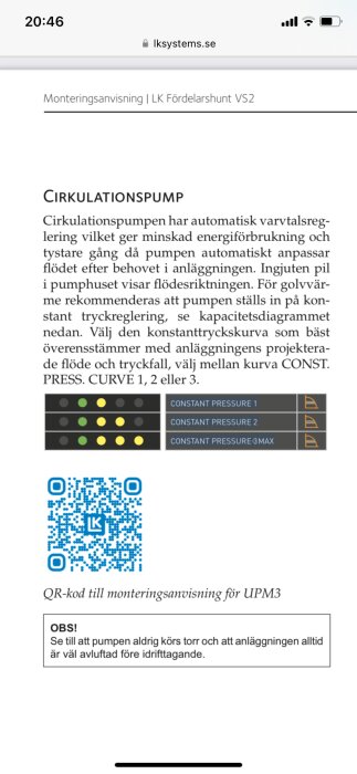 Monteringsanvisning för cirkulationspump, konstanttryckskurvor, varningsmeddelande, QR-kod för ytterligare information.