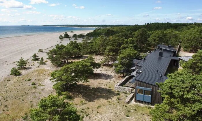 Flygbild av en modern svart villa nära stranden omgiven av träd och sand.