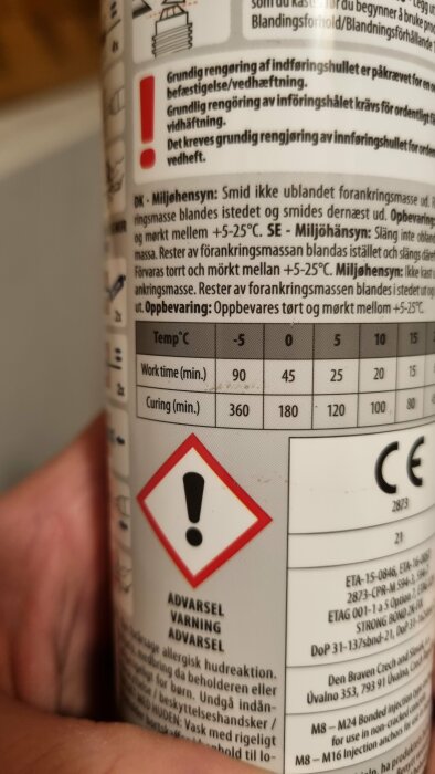 En produktetikett med varningssymboler, temperatur- och härdningstider, samt säkerhetsinstruktioner på flera språk.