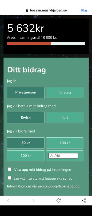 Insamlingssida för välgörenhet, inmatningsformulär för donationer via Swish eller kort, målbalk visar 5632 kr insamlat.