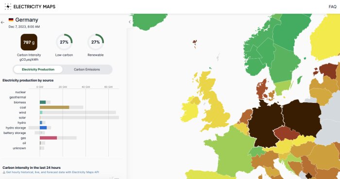 Skärmdump av "Electricity Maps" - elproduktion och koldioxidintensitet i Europa, fokus på Tyskland.
