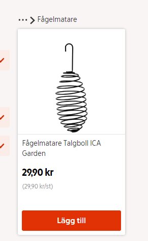 Svartvit illustration av en spiralformad fågelmatare för talgbollar, markerad för försäljning online för 29,90 svenska kronor.