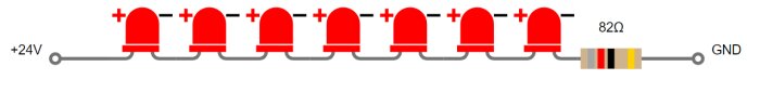 Diagram över seriekopplade LED-lampor och en resistor, anslutna till en 24V kraftkälla.