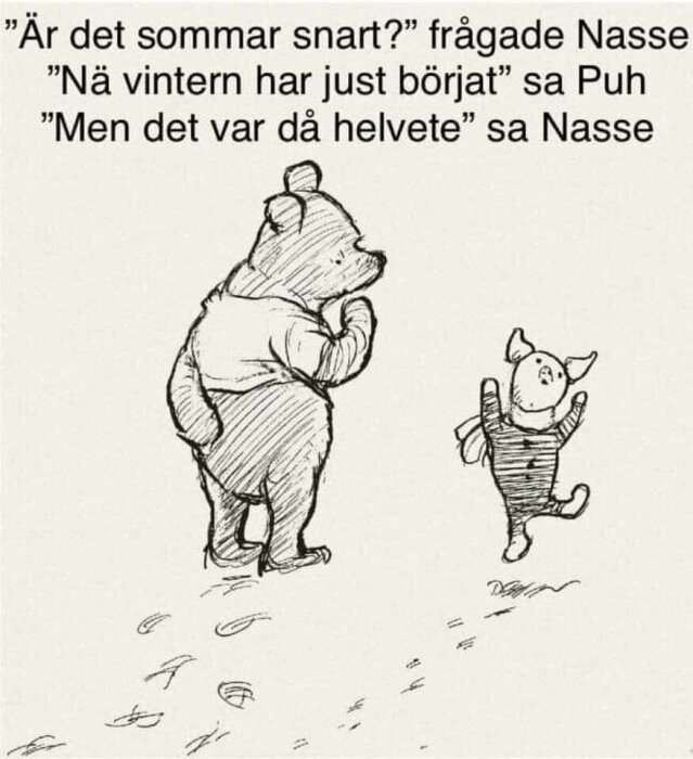 Tecknad Nalle Puh och Nasse med pratbubblor om vintern och sommaren. Humoristisk dialog. Vintagestil.