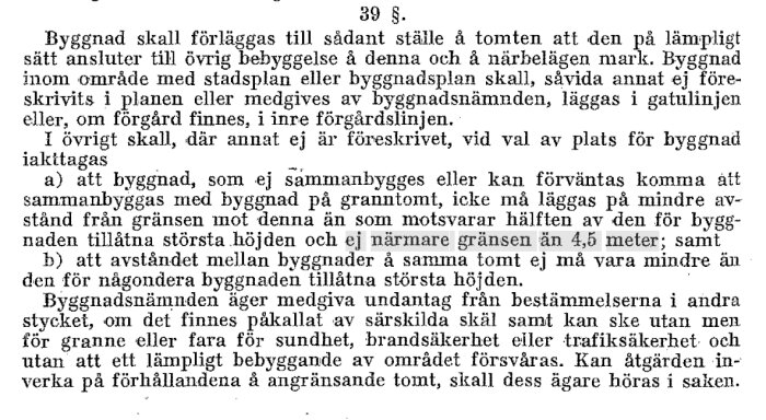 Svensk text om byggnadsregler; avstånd, höjd, sammanbyggnad, angränsande tomt, byggnadsnämndens undantag.