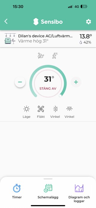 Mobilapp för fjärrstyrning av luftkonditionering, inställd på 31°C, med ikoner för användarinställningar och schemaläggning.