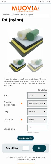 Webbsida med nylonprodukter, prisberäkning, färgval, dimensioner, beställningsknapp, minimiprisinformation.