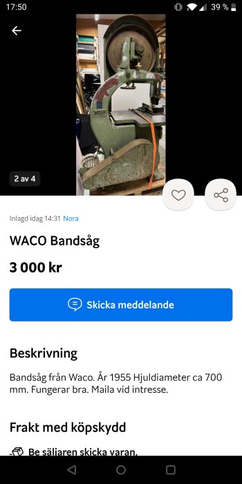 Gammal WACO bandsåg till salu, år 1955, hjuldiameter 700 mm, fungerar, kontakt via e-post.