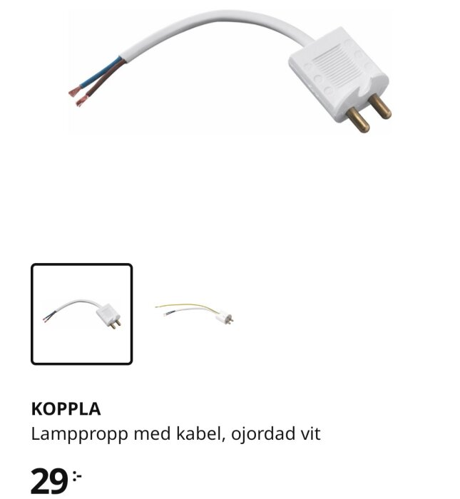 Vit ojordad lampsladd med stickpropp och frilagda kabeländar, produktinformation och pris visas.